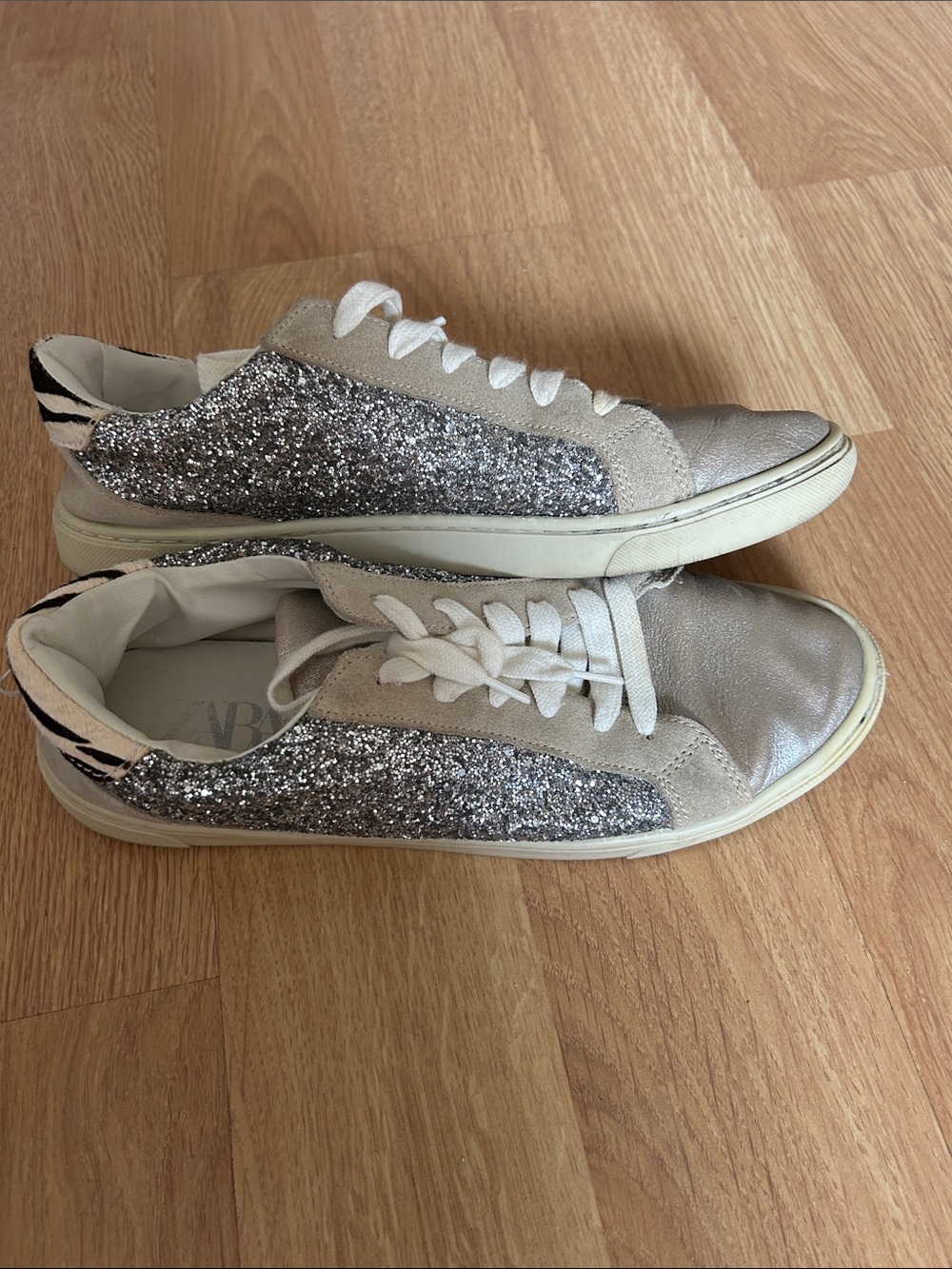 ZARA Silver Glitter & Cream Lace-Up Women's Sneakers with Zebra Heel